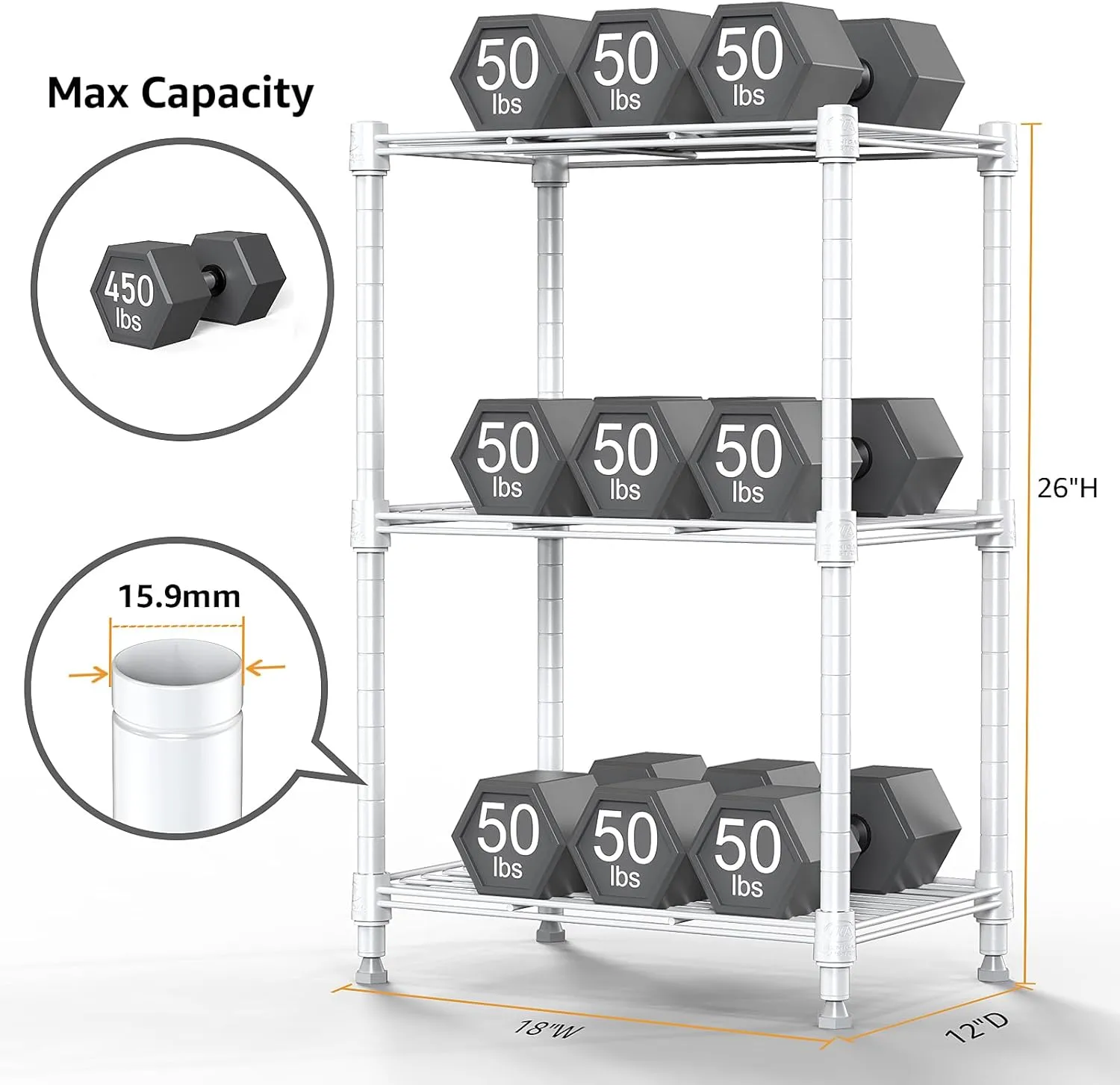 450 lbs Wire Storage Shelving 3-Tier Utility Shelving Unit Steel Organizer Wire Rack for Home,Kitchen,Office,White (11.8" D x 17.7" W x 26.3" H)