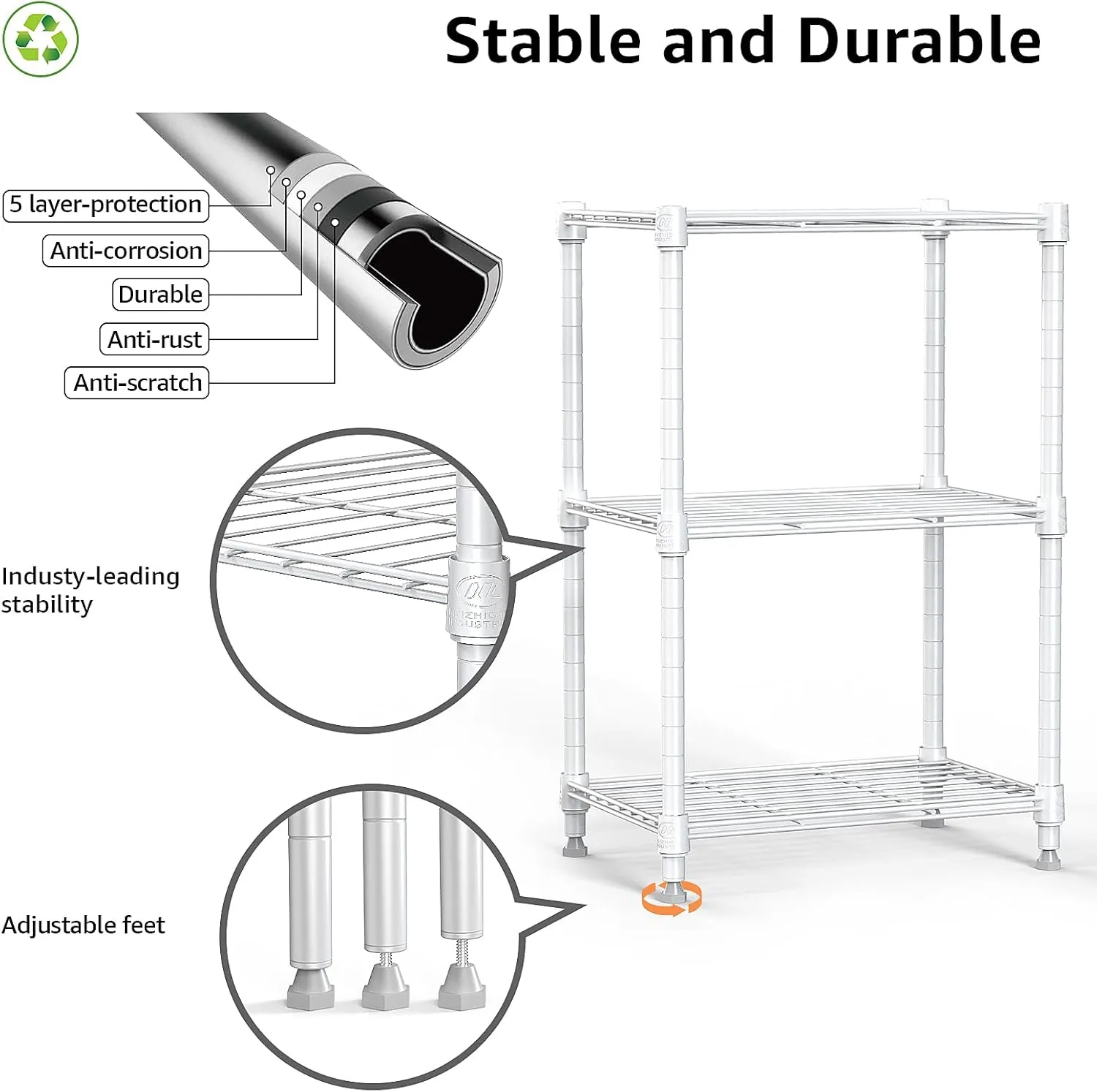 450 lbs Wire Storage Shelving 3-Tier Utility Shelving Unit Steel Organizer Wire Rack for Home,Kitchen,Office,White (11.8" D x 17.7" W x 26.3" H)