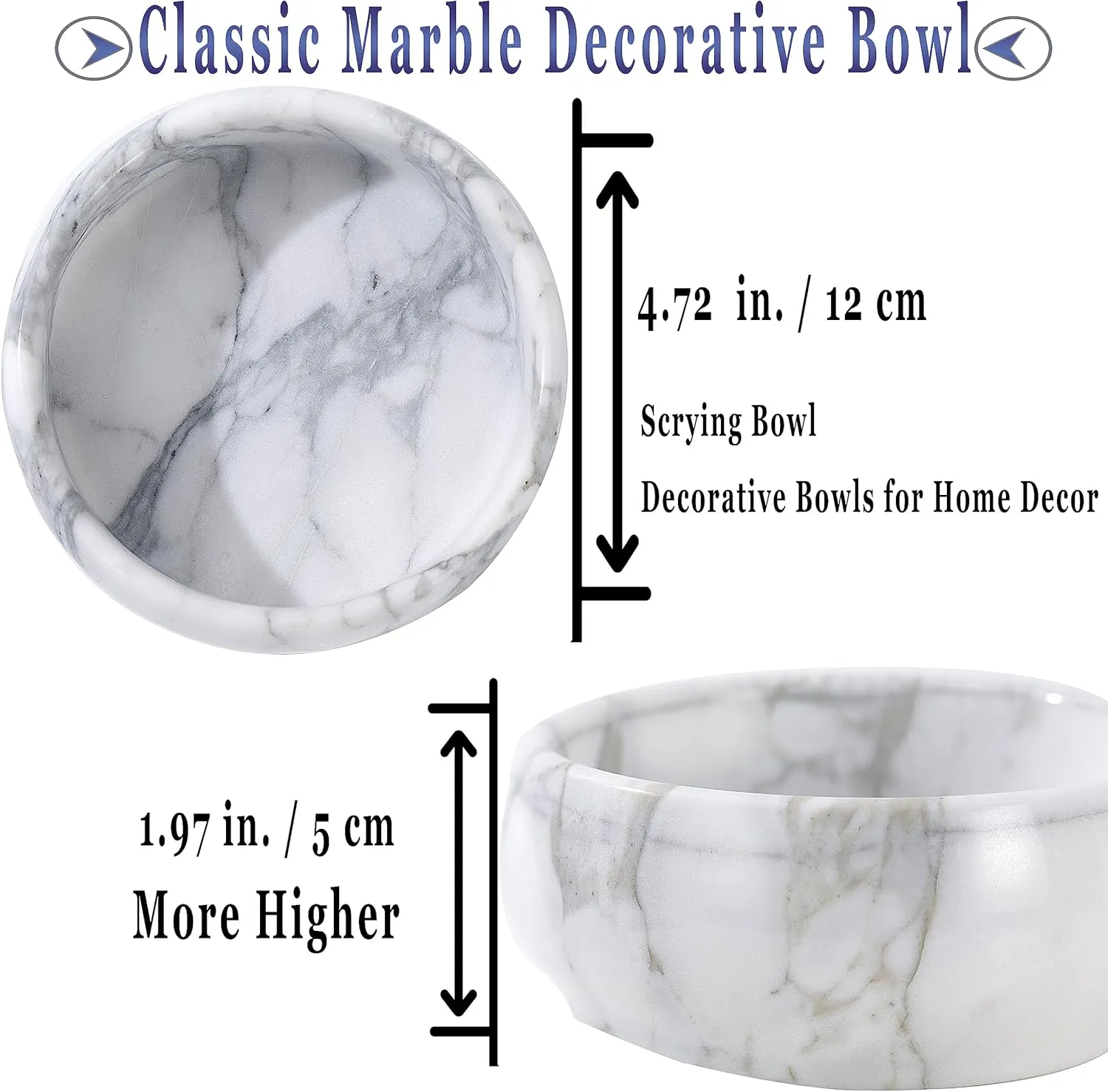 4.72 Inch Decorative Bowls, Natural Marble Decorative Bowls for Home Decor, Key Bowl, Coffee Tables Centerpiece, Soap Serving Bowl, Incense Burner, Smudge Bowl