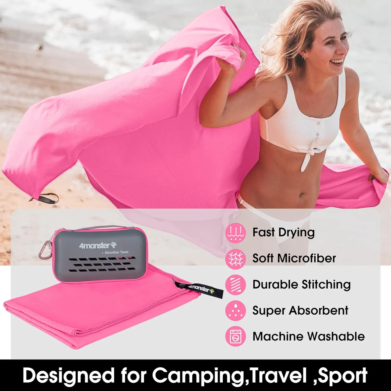 4Monster Camping Towels Super Absorbent, Fast Drying Microfiber Travel Towel, Quick Dry Ultra Soft Compact Gym Towel for Swimming Beach Hiking Yoga Travel Sports Backpack (71.00" x 35.00", Rose)