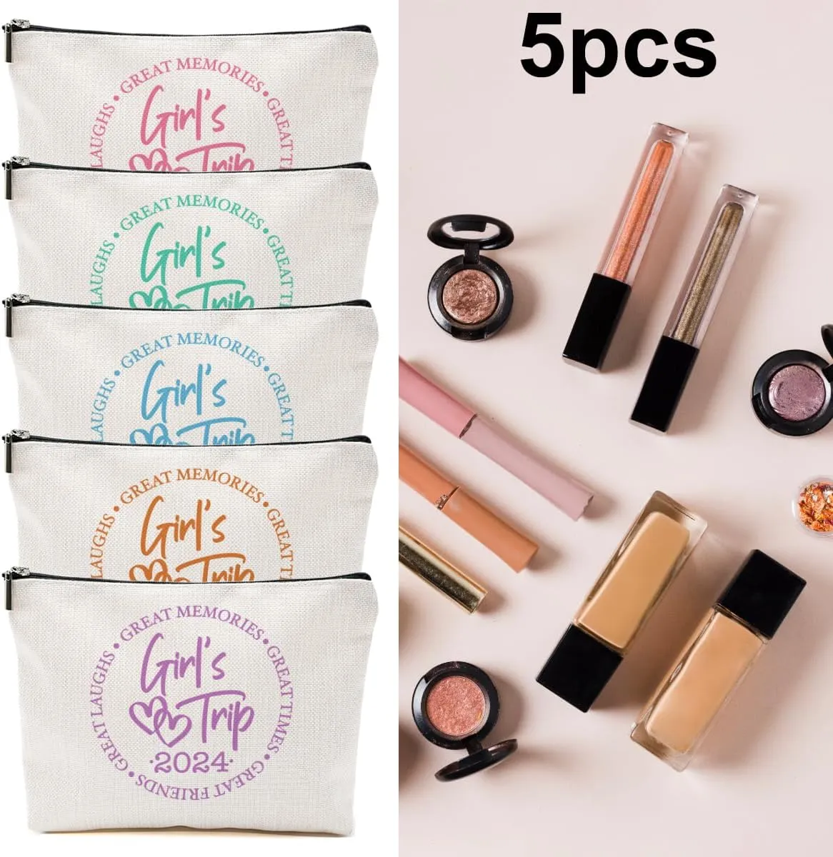 5 Pcs Girls Trip Favors - Girls Weekend Makeup Bag, Bestie Gifts Vacation 2024 Cosmetic Bag, Friendship Gifts for Women Her Bestie, Graduation Wedding Toiletry Bag