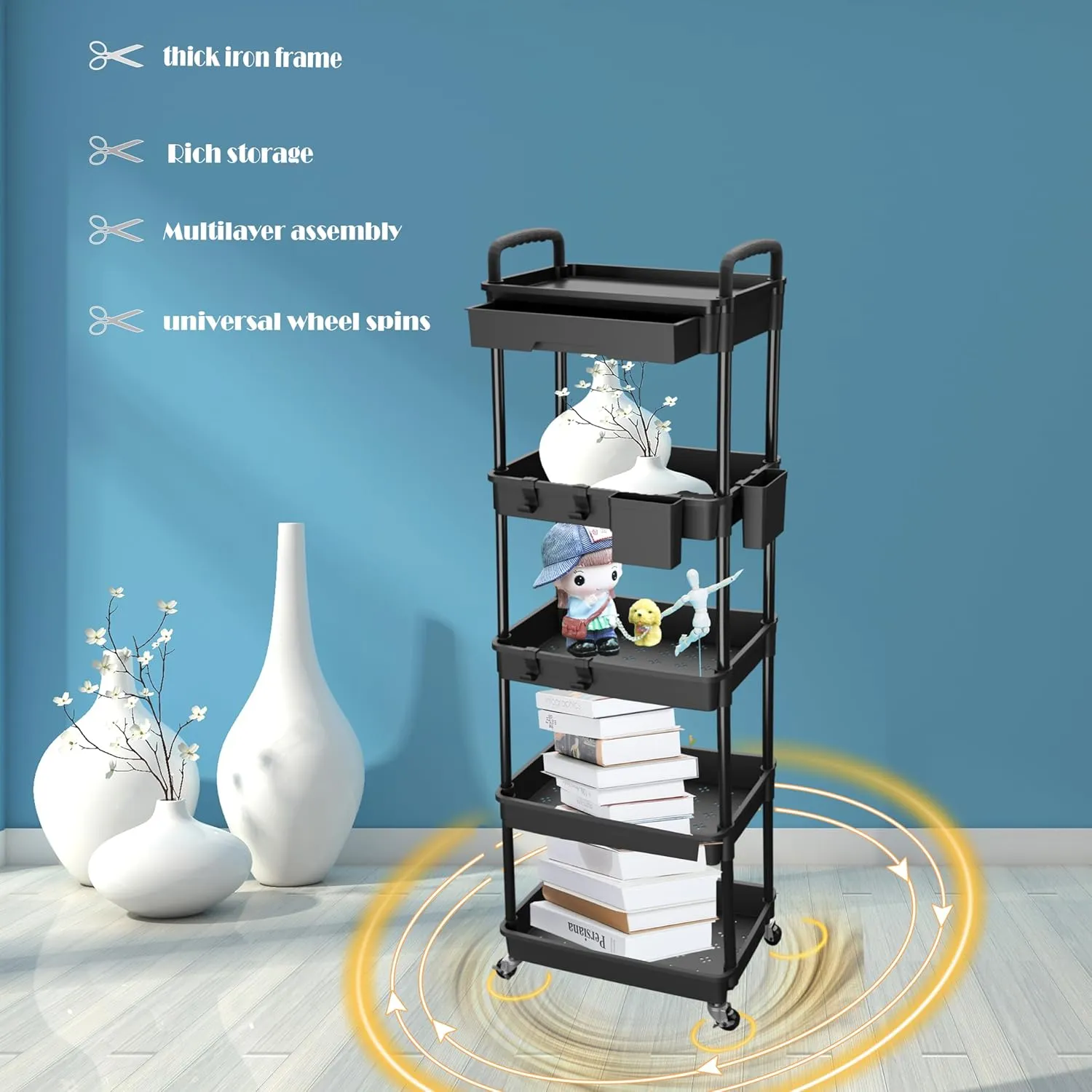 5 Tier Rolling Utility Cart with Drawer,REBECAT Utility Cart Made of Multifunctional Storage Organizer Tool for Kitchen,Bathroom,Living Room,Office(Black)