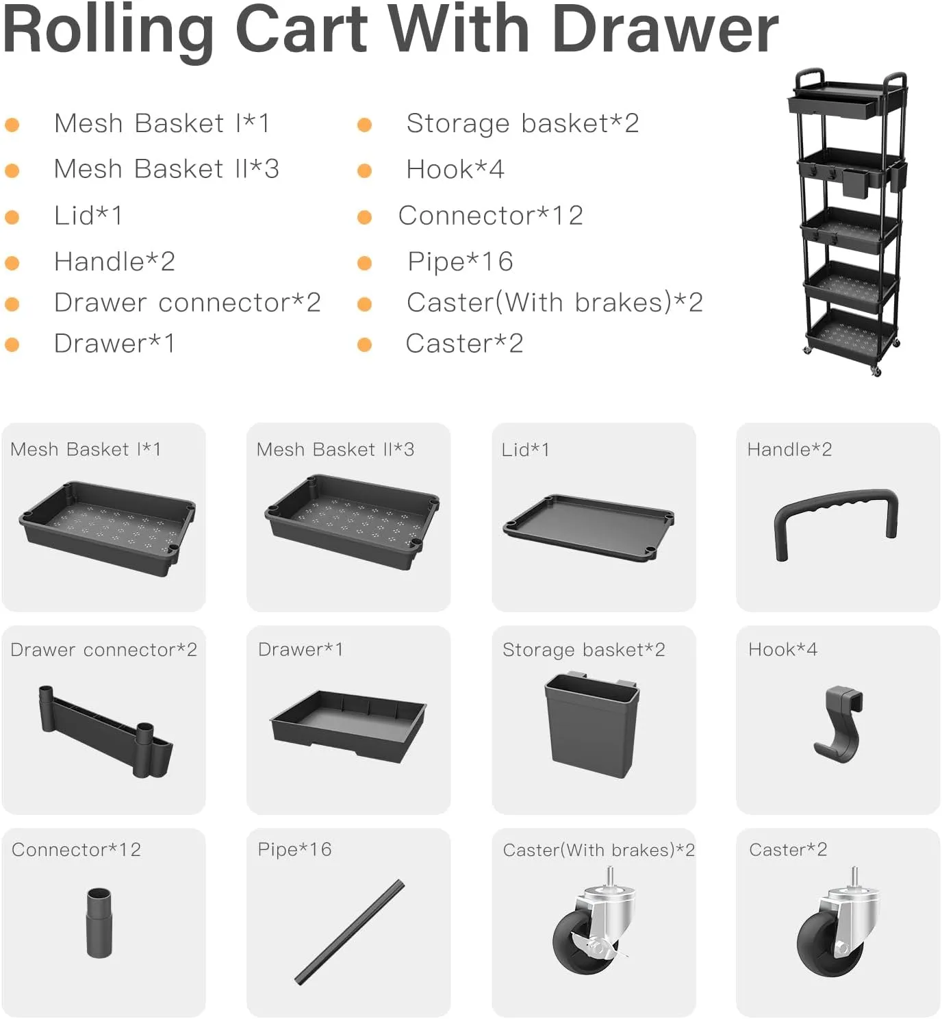 5 Tier Rolling Utility Cart with Drawer,REBECAT Utility Cart Made of Multifunctional Storage Organizer Tool for Kitchen,Bathroom,Living Room,Office(Black)