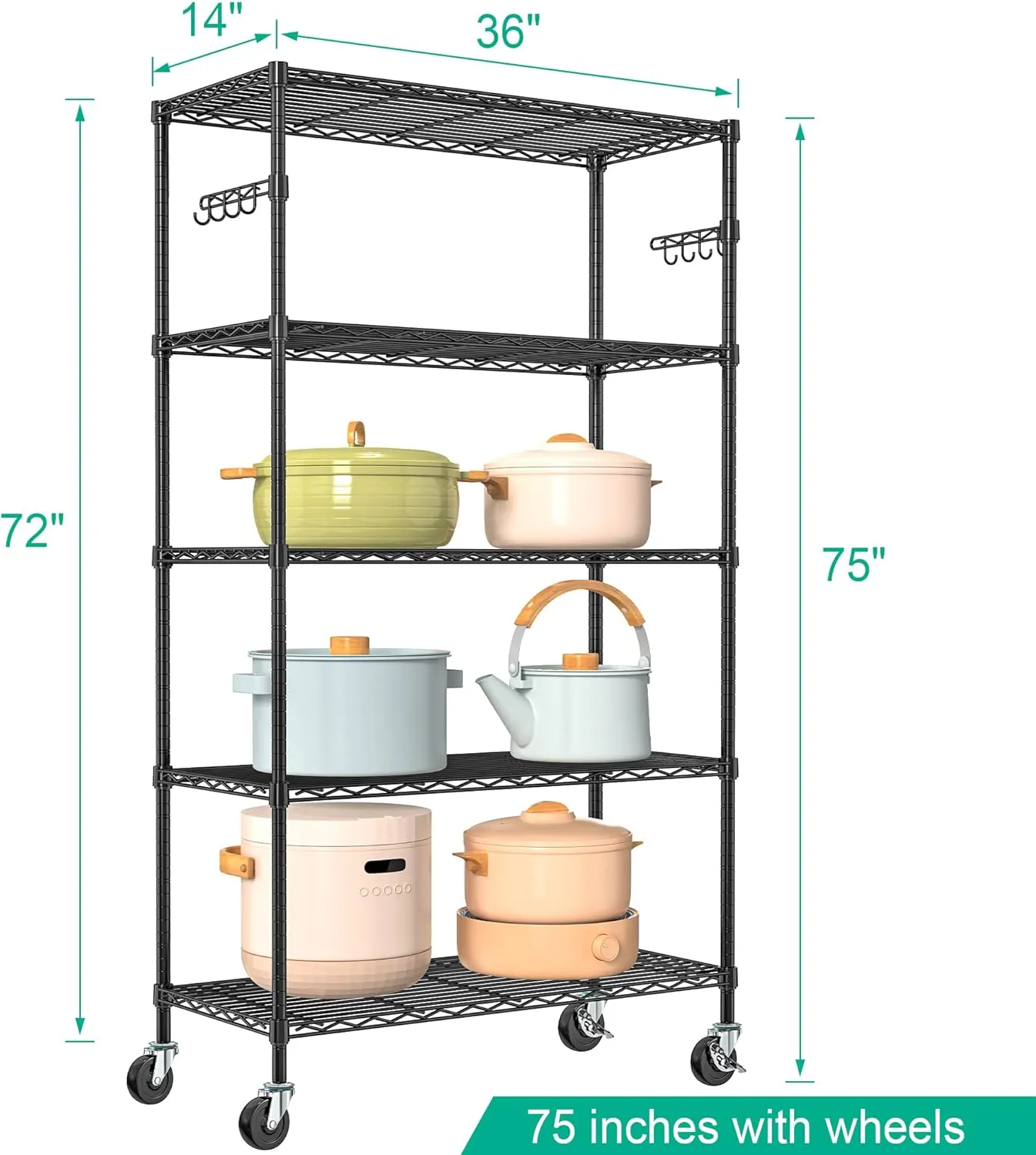 5 Tier Storage Shelves with Wheels - Adjustable Wire Shelving Unit Metal Shelves for Storage Rolling Utility Shelf Organizer Rack for Kitchen Garage Pantry Closet Laundry(14D x 36W x 75H)