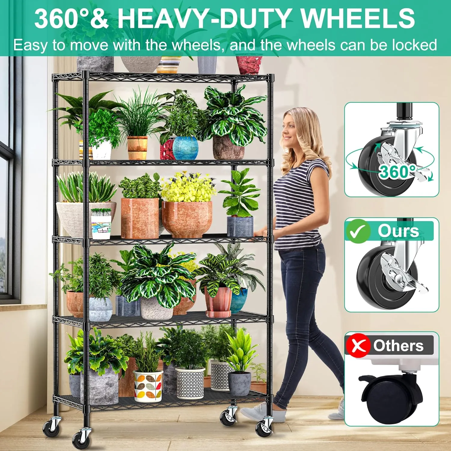 5 Tier Storage Shelves with Wheels - Adjustable Wire Shelving Unit Metal Shelves for Storage Rolling Utility Shelf Organizer Rack for Kitchen Garage Pantry Closet Laundry(14D x 36W x 75H)