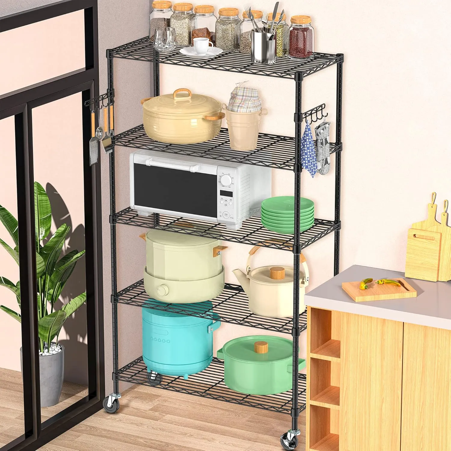 5 Tier Storage Shelves with Wheels - Adjustable Wire Shelving Unit Metal Shelves for Storage Rolling Utility Shelf Organizer Rack for Kitchen Garage Pantry Closet Laundry(14D x 36W x 75H)