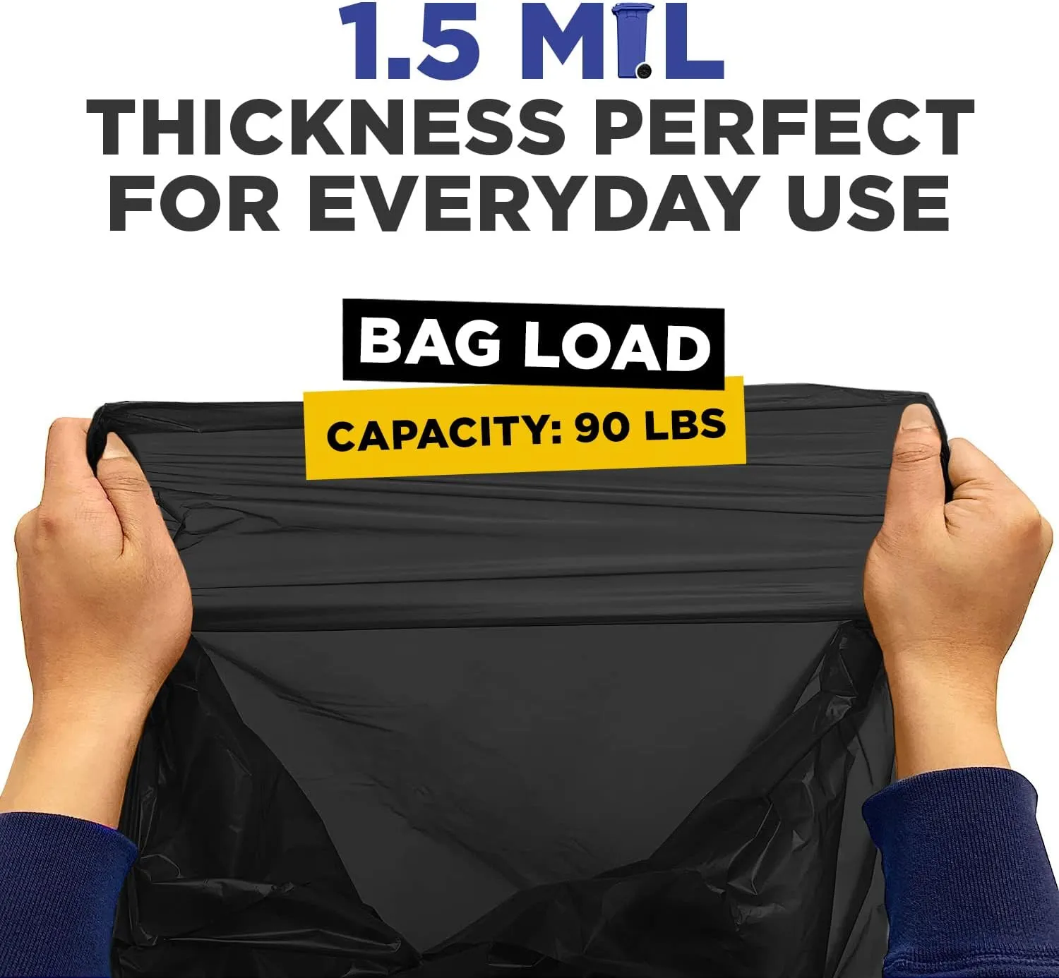 55-60 Gallon Trash Bags, Fits Rubbermaid Brute Rollout, Round and Square 32-55 Gallon Trash Cans, 43 x 47 Large Durable Garbage Trash Can Liners, 1.5 Mil - Black (Pack of 100)