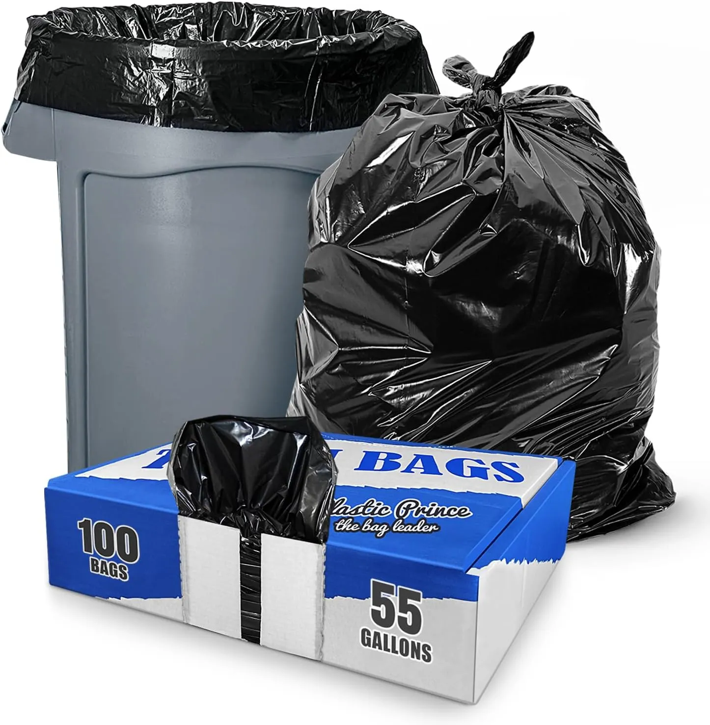 55-60 Gallon Trash Bags, Fits Rubbermaid Brute Rollout, Round and Square 32-55 Gallon Trash Cans, 43 x 47 Large Durable Garbage Trash Can Liners, 1.5 Mil - Black (Pack of 100)