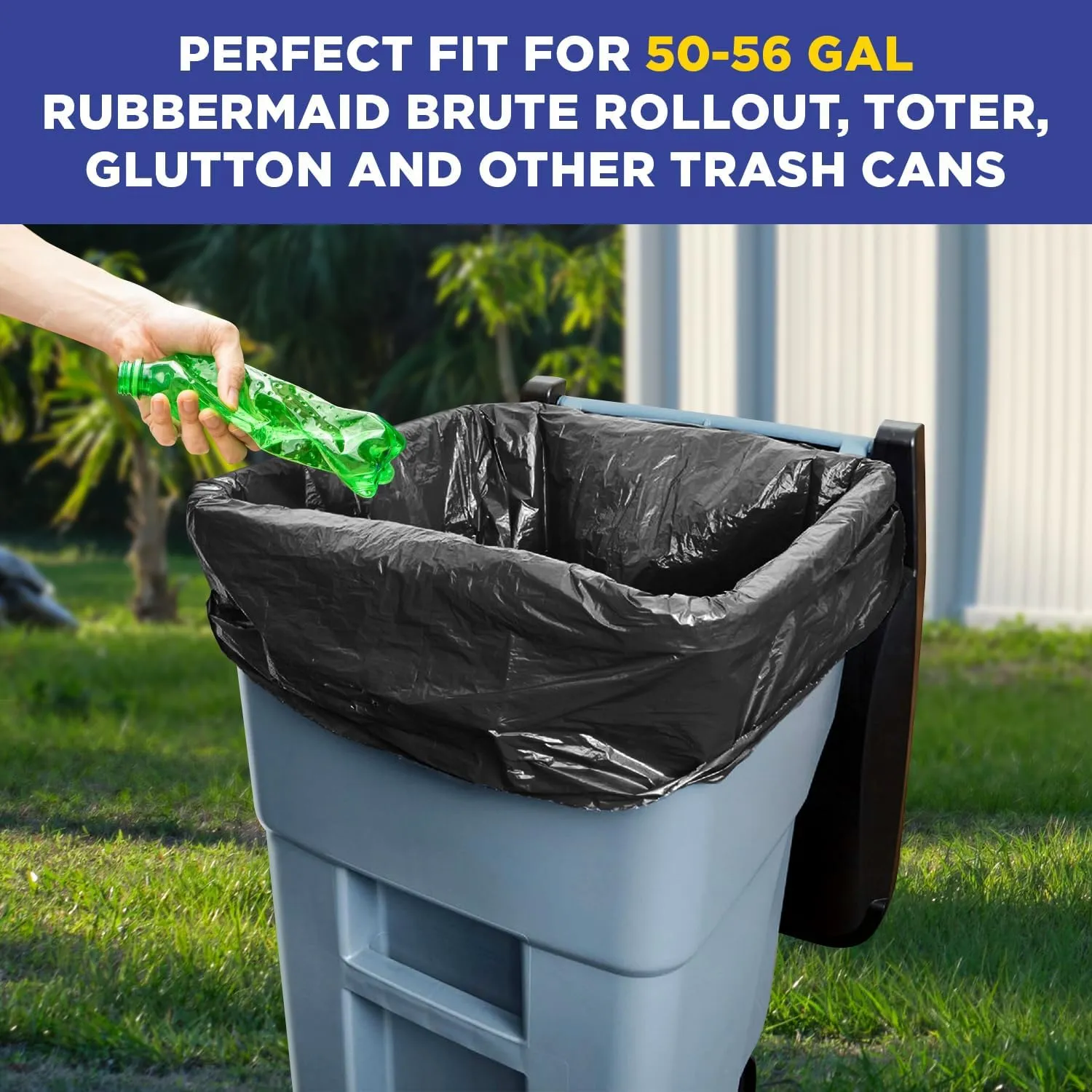55-60 Gallon Trash Bags, Fits Rubbermaid Brute Rollout, Round and Square 32-55 Gallon Trash Cans, 43 x 47 Large Durable Garbage Trash Can Liners, 1.5 Mil - Black (Pack of 100)