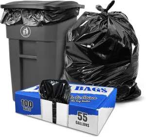 55-60 Gallon Trash Bags, Fits Rubbermaid Brute Rollout, Round and Square 32-55 Gallon Trash Cans, 43 x 47 Large Durable Garbage Trash Can Liners, 1.5 Mil - Black (Pack of 100)