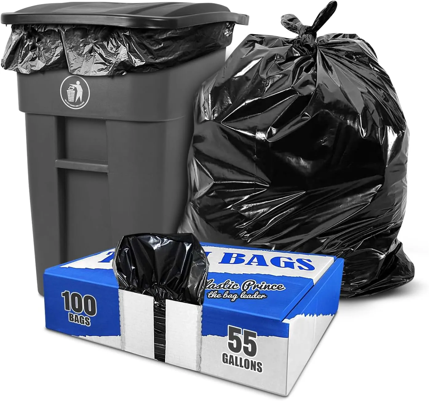 55-60 Gallon Trash Bags, Fits Rubbermaid Brute Rollout, Round and Square 32-55 Gallon Trash Cans, 43 x 47 Large Durable Garbage Trash Can Liners, 1.5 Mil - Black (Pack of 100)