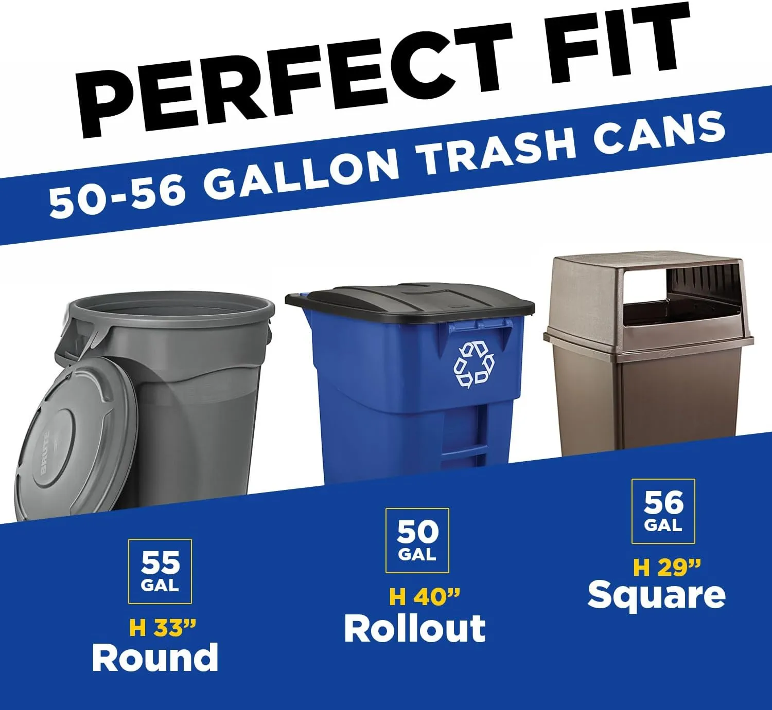55-60 Gallon Trash Bags, Fits Rubbermaid Brute Rollout, Round and Square 32-55 Gallon Trash Cans, 43 x 47 Large Durable Garbage Trash Can Liners, 1.5 Mil - Black (Pack of 100)