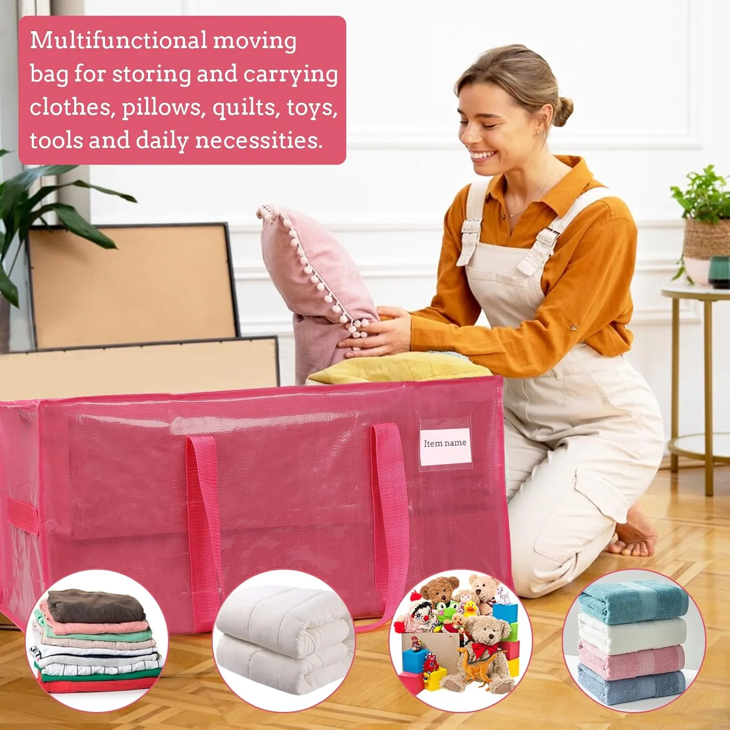 6 Pack Extra Large Moving Bags with Handles and Zippers，Reusable Heavy Duty Storage Packing Bags for Moving Storage Clothes or College Dorm Moving Tote Bags Space Saving Moving Supplies Pink