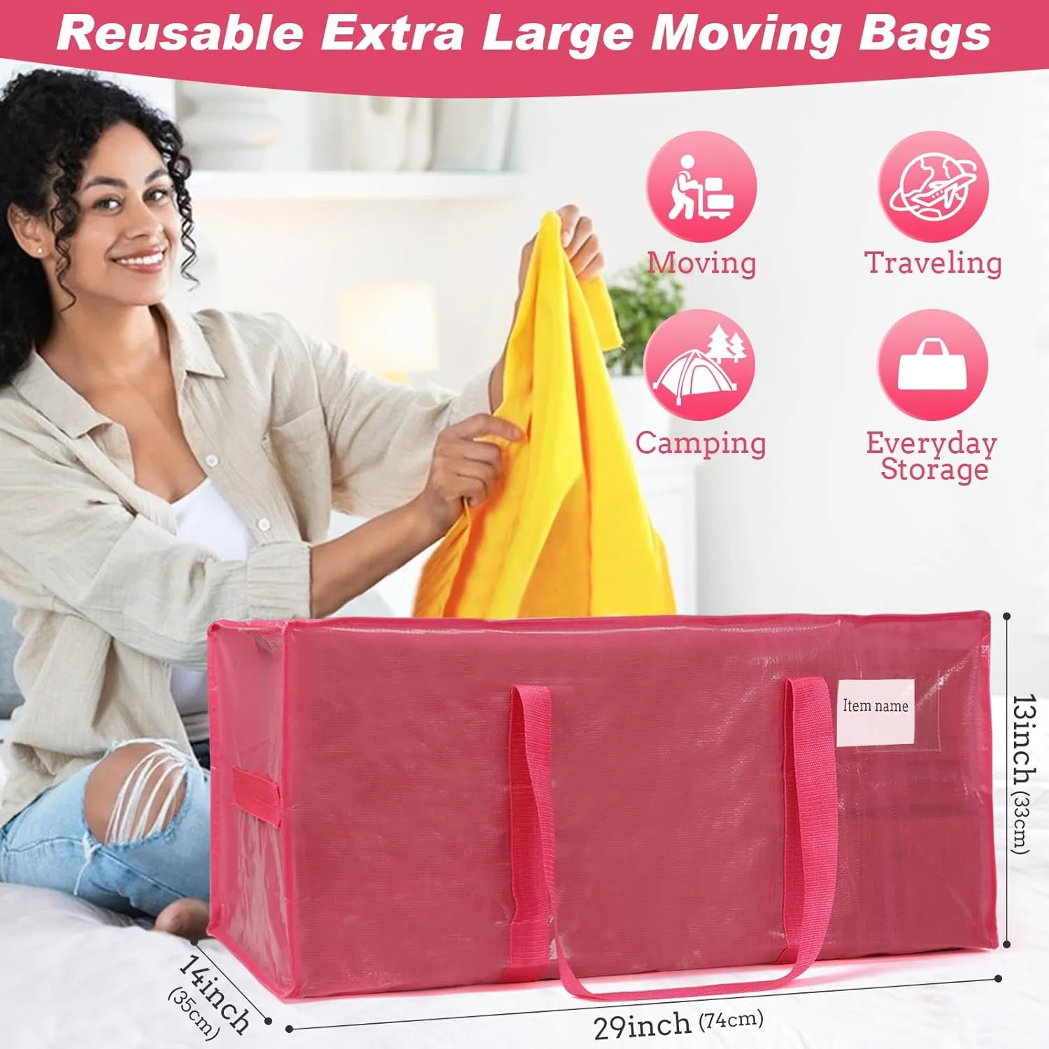 6 Pack Extra Large Moving Bags with Handles and Zippers，Reusable Heavy Duty Storage Packing Bags for Moving Storage Clothes or College Dorm Moving Tote Bags Space Saving Moving Supplies Pink