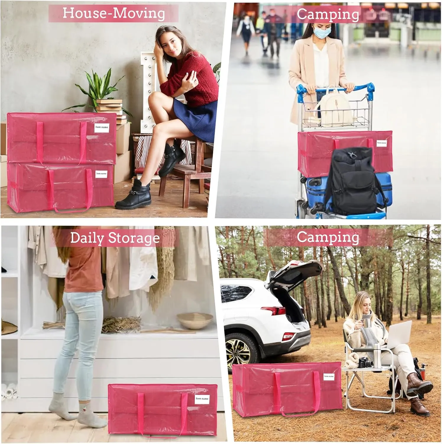 6 Pack Extra Large Moving Bags with Handles and Zippers，Reusable Heavy Duty Storage Packing Bags for Moving Storage Clothes or College Dorm Moving Tote Bags Space Saving Moving Supplies Pink