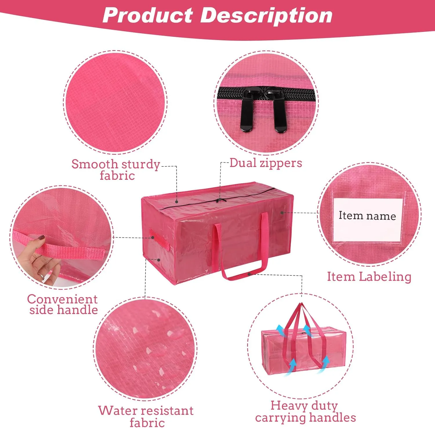6 Pack Extra Large Moving Bags with Handles and Zippers，Reusable Heavy Duty Storage Packing Bags for Moving Storage Clothes or College Dorm Moving Tote Bags Space Saving Moving Supplies Pink