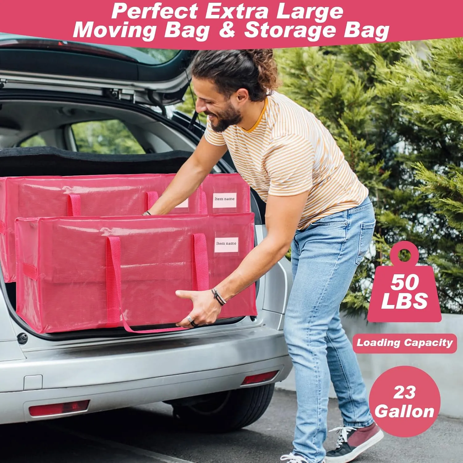 6 Pack Extra Large Moving Bags with Handles and Zippers，Reusable Heavy Duty Storage Packing Bags for Moving Storage Clothes or College Dorm Moving Tote Bags Space Saving Moving Supplies Pink