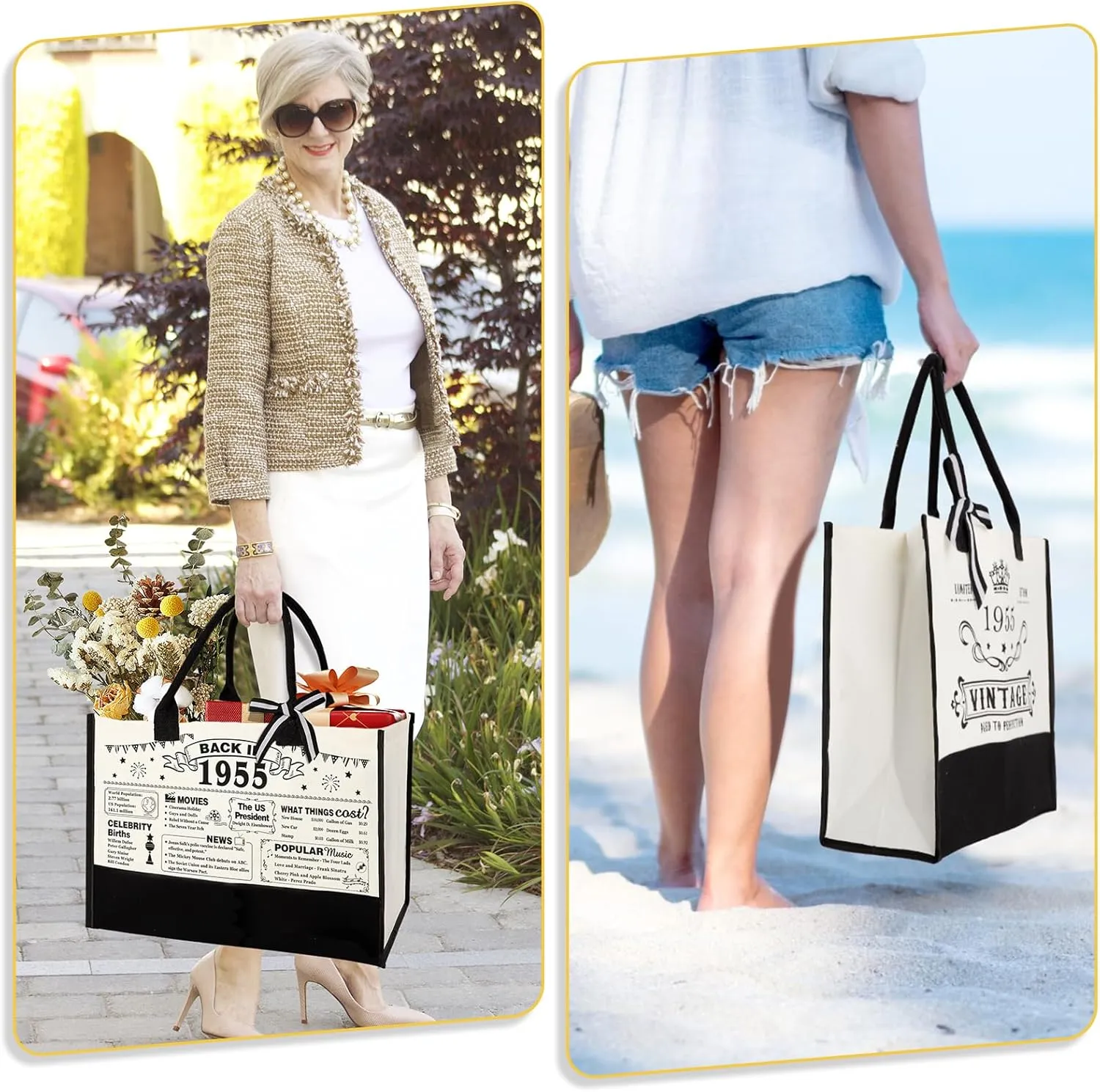 70th Birthday Gifts for Women Canvas Tote Bag Travel Gear, Unique 70 Years Old Gifts for Mom Aunt Friends Wife Sister Her, Vintage 1955 Handbag & Cosmetic Bag & Back in 1955 Poster