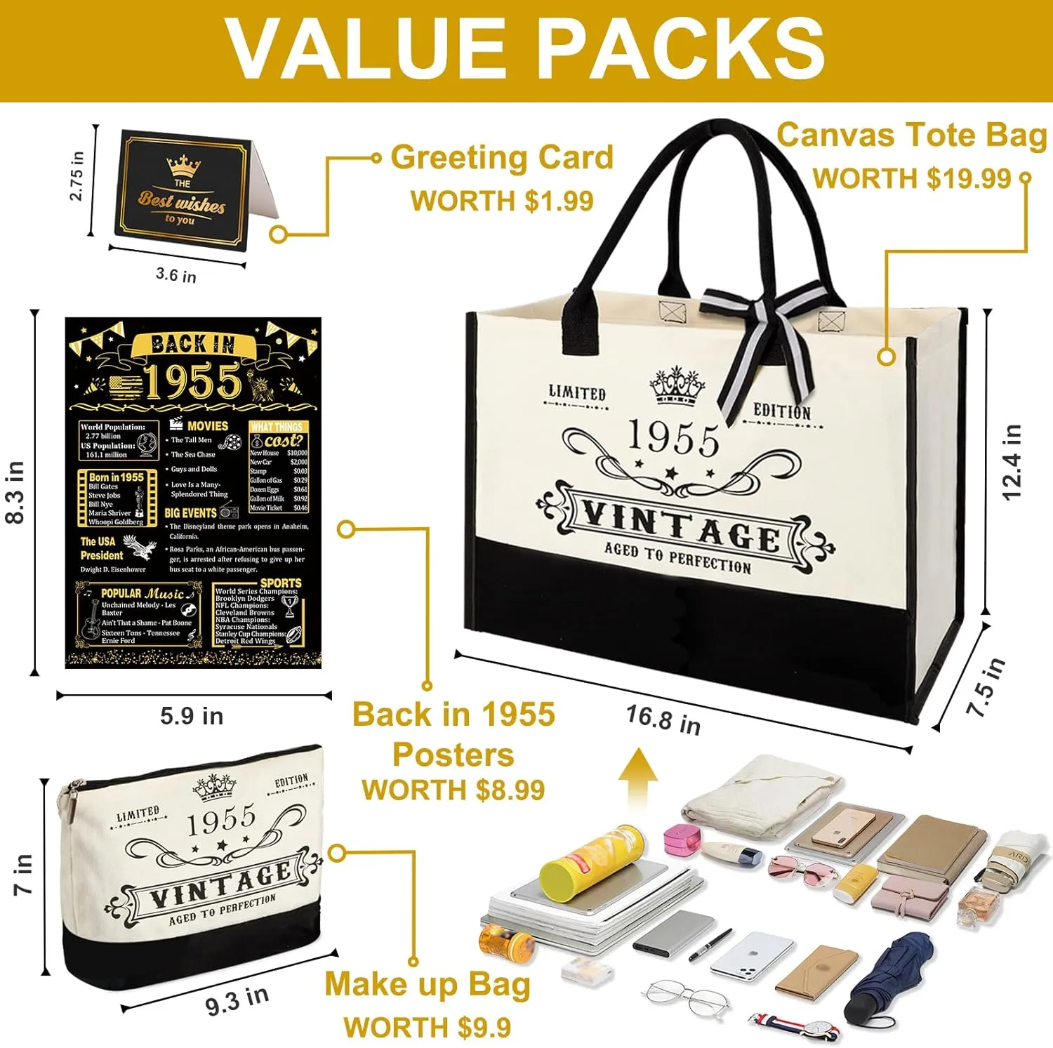 70th Birthday Gifts for Women Canvas Tote Bag Travel Gear, Unique 70 Years Old Gifts for Mom Aunt Friends Wife Sister Her, Vintage 1955 Handbag & Cosmetic Bag & Back in 1955 Poster
