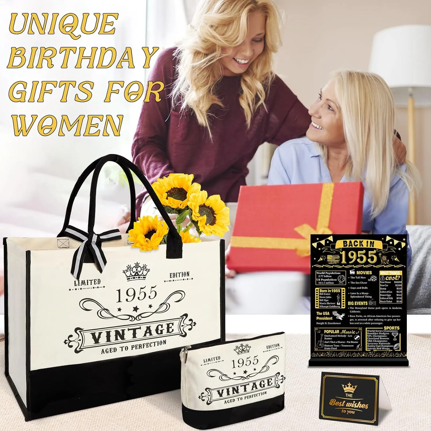 70th Birthday Gifts for Women Canvas Tote Bag Travel Gear, Unique 70 Years Old Gifts for Mom Aunt Friends Wife Sister Her, Vintage 1955 Handbag & Cosmetic Bag & Back in 1955 Poster
