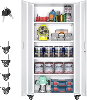 73" H Metal Storage Cabinet with Wheels, Garage Storage Cabinet with 4 Adjustable Shelves and Lockable Doors for Garage Home Office Utility Room,Required Assembly,White