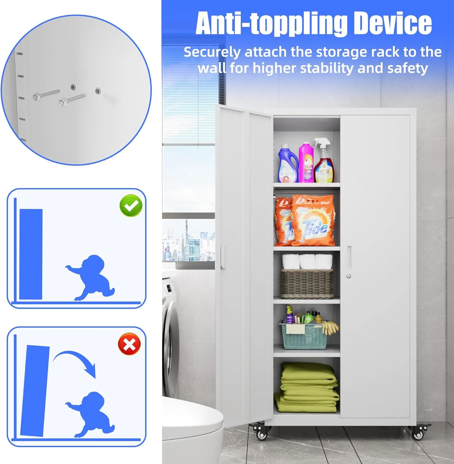 73" H Metal Storage Cabinet with Wheels, Garage Storage Cabinet with 4 Adjustable Shelves and Lockable Doors for Garage Home Office Utility Room,Required Assembly,White