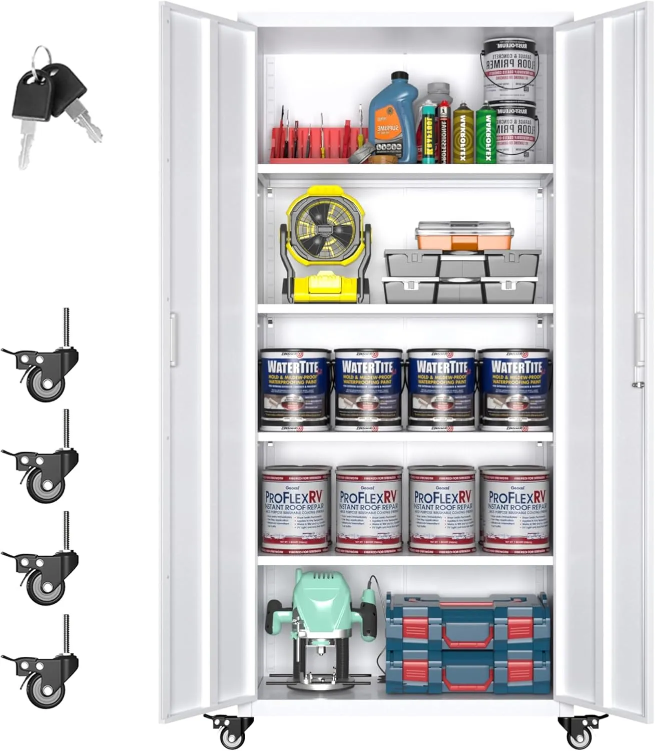 73" H Metal Storage Cabinet with Wheels, Garage Storage Cabinet with 4 Adjustable Shelves and Lockable Doors for Garage Home Office Utility Room,Required Assembly,White