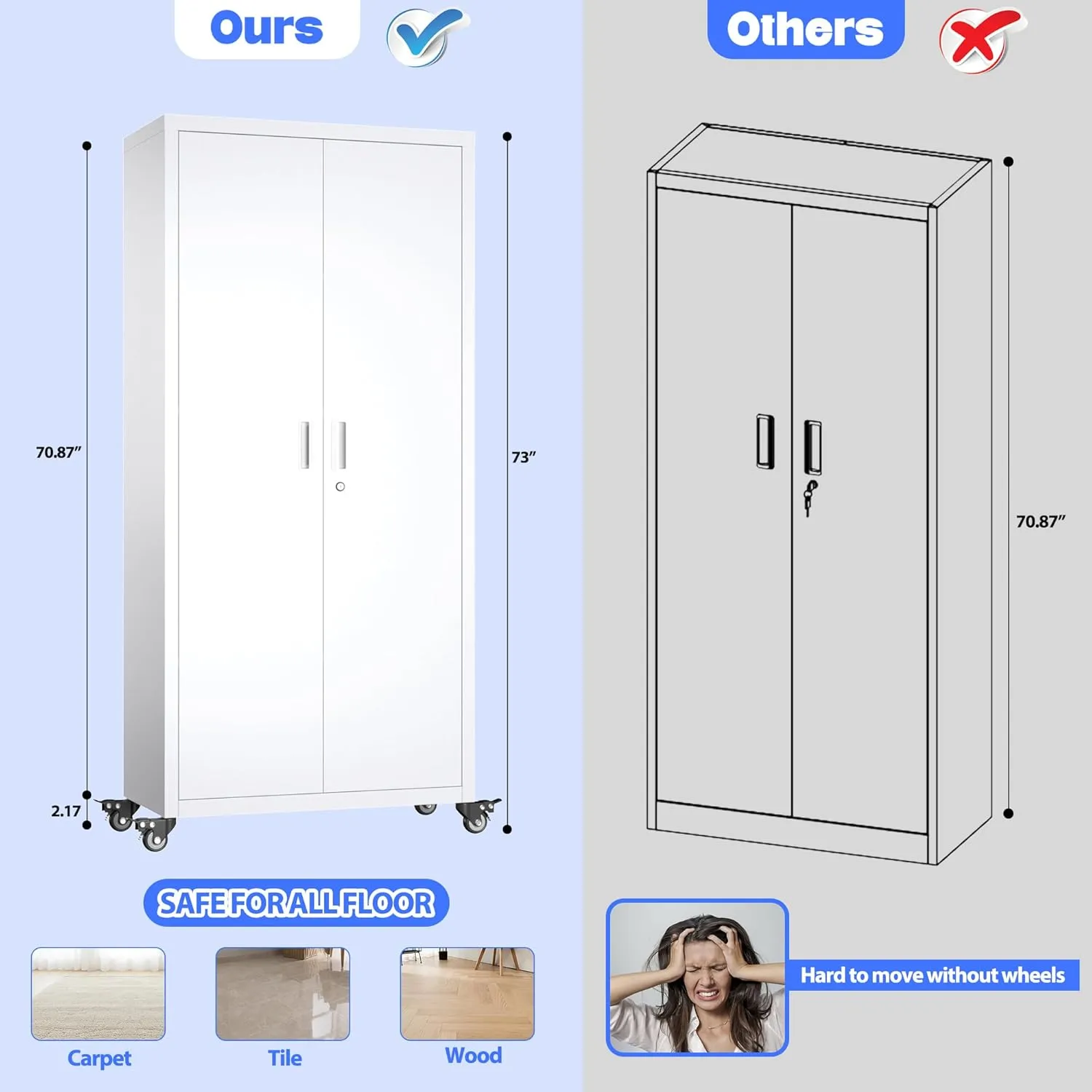 73" H Metal Storage Cabinet with Wheels, Garage Storage Cabinet with 4 Adjustable Shelves and Lockable Doors for Garage Home Office Utility Room,Required Assembly,White
