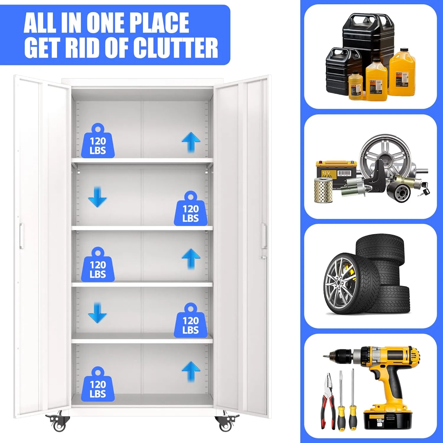 73" H Metal Storage Cabinet with Wheels, Garage Storage Cabinet with 4 Adjustable Shelves and Lockable Doors for Garage Home Office Utility Room,Required Assembly,White