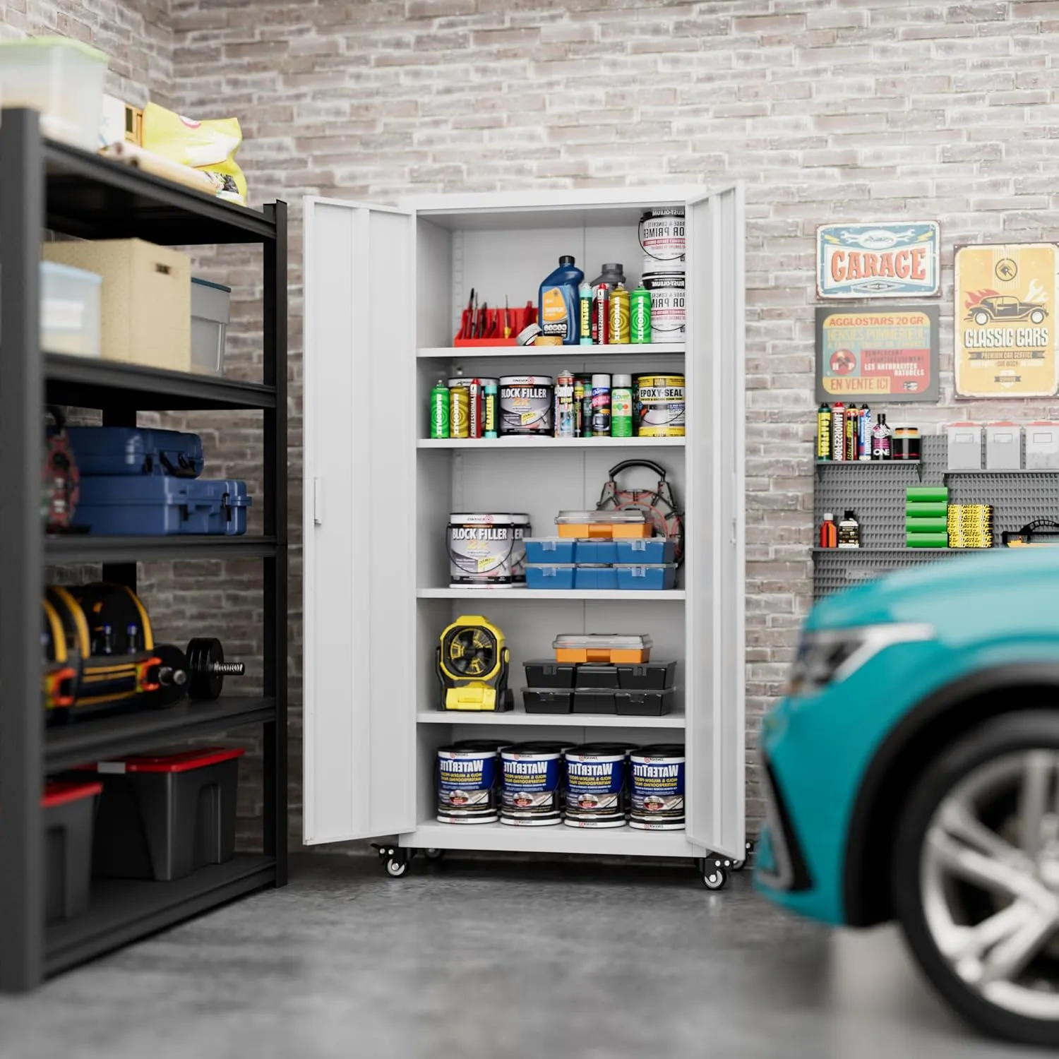 73" H Metal Storage Cabinet with Wheels, Garage Storage Cabinet with 4 Adjustable Shelves and Lockable Doors for Garage Home Office Utility Room,Required Assembly,White
