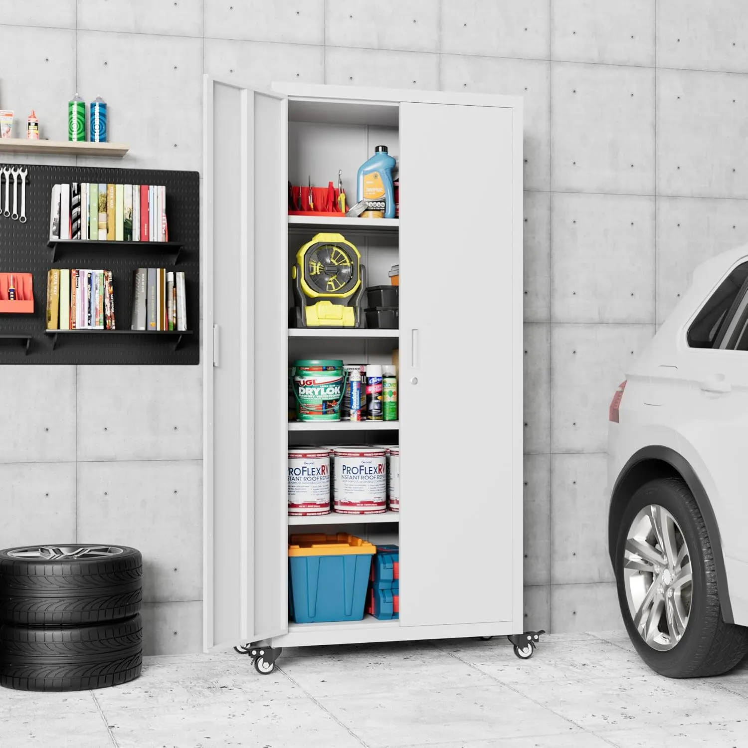 73" H Metal Storage Cabinet with Wheels, Garage Storage Cabinet with 4 Adjustable Shelves and Lockable Doors for Garage Home Office Utility Room,Required Assembly,White