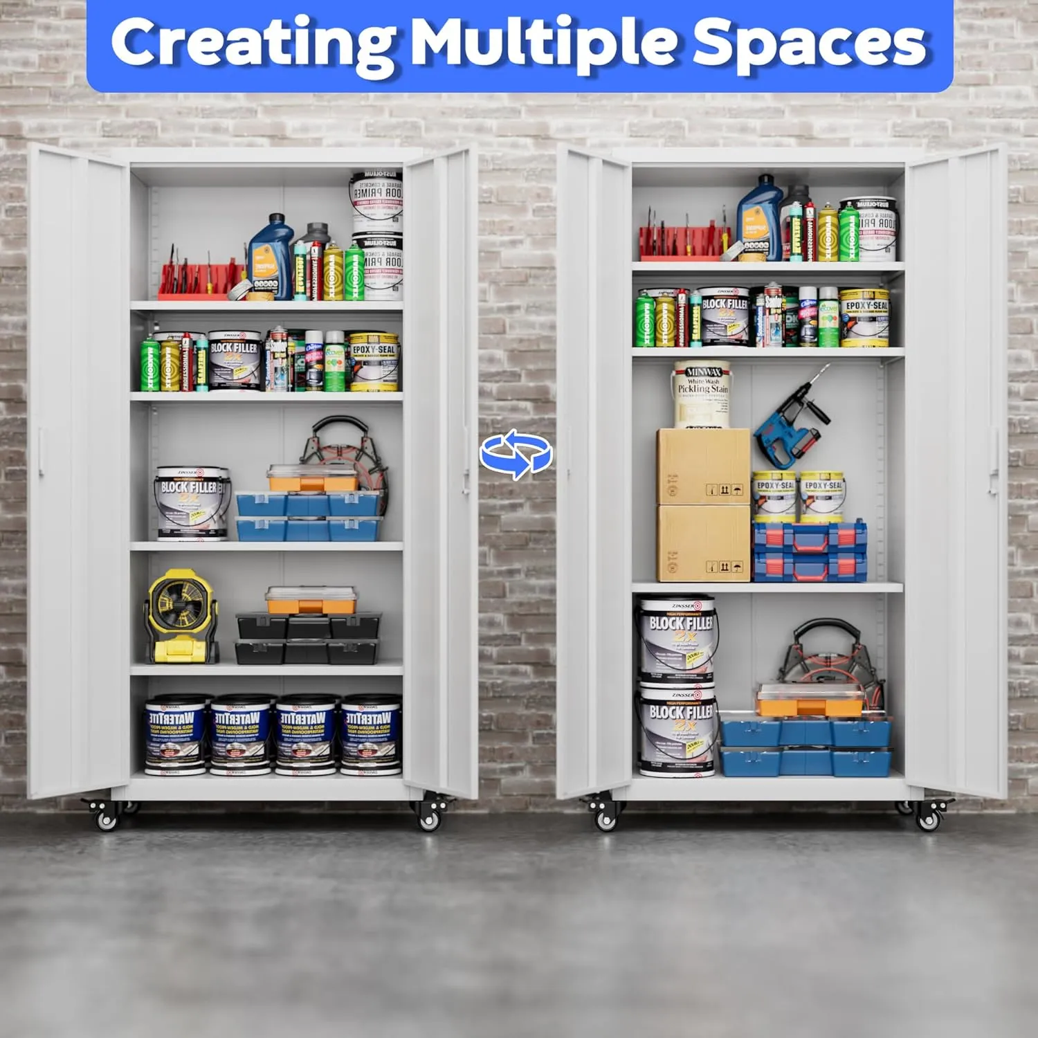 73" H Metal Storage Cabinet with Wheels, Garage Storage Cabinet with 4 Adjustable Shelves and Lockable Doors for Garage Home Office Utility Room,Required Assembly,White