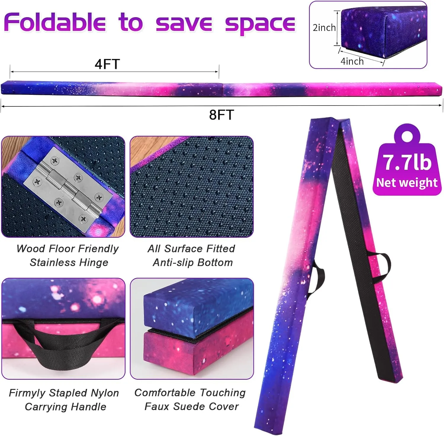 8FT Folding Balance Beam -Gymnastics Floor Beam -Gymnastics Equipment for Kids,Wood core- Anti-Slip Bottom and Carrying Bag for Home