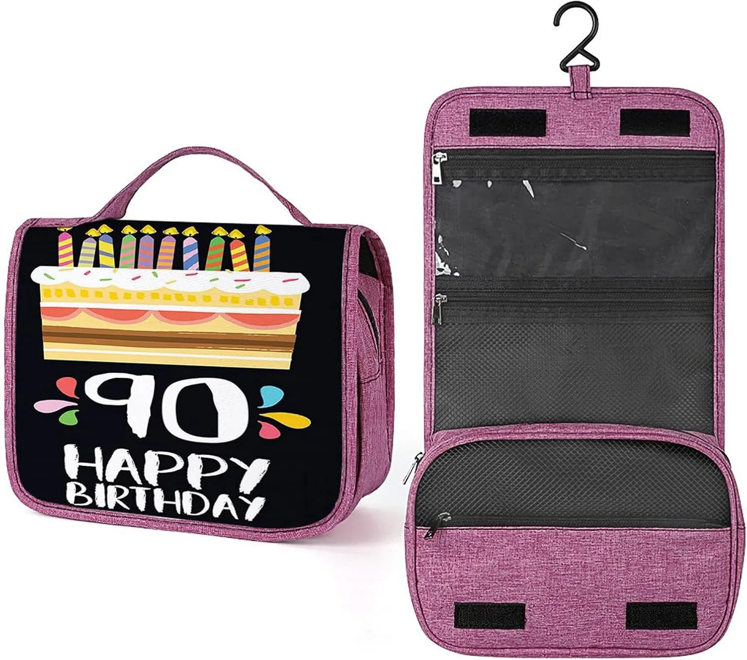 90Th Birthday Print,Toiletry Bag Travel Bag with Hanging Hook,Party Set with Cake Candles Design,Water-resistant Makeup Cosmetic Bag Organizer for Makeup Accessories,Multicolor