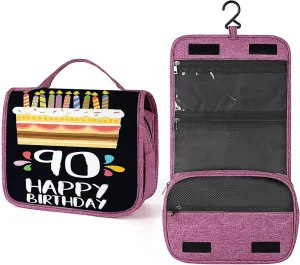 90Th Birthday Print,Toiletry Bag Travel Bag with Hanging Hook,Party Set with Cake Candles Design,Water-resistant Makeup Cosmetic Bag Organizer for Makeup Accessories,Multicolor