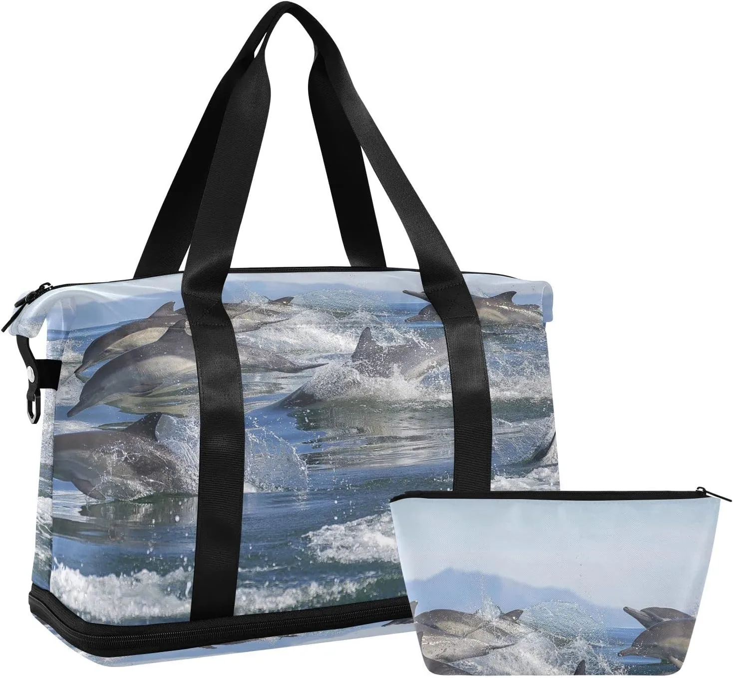 A Group of Dolphins with Long Beaks Jumped out of the Water Gym Duffel Bag, Polyester Travel Weekender Luggage Handbag with Waterproof Pocket for Wet Items, Unisex Foldable Tote for Sports