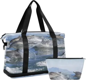 A Group of Dolphins with Long Beaks Jumped out of the Water Gym Duffel Bag, Polyester Travel Weekender Luggage Handbag with Waterproof Pocket for Wet Items, Unisex Foldable Tote for Sports