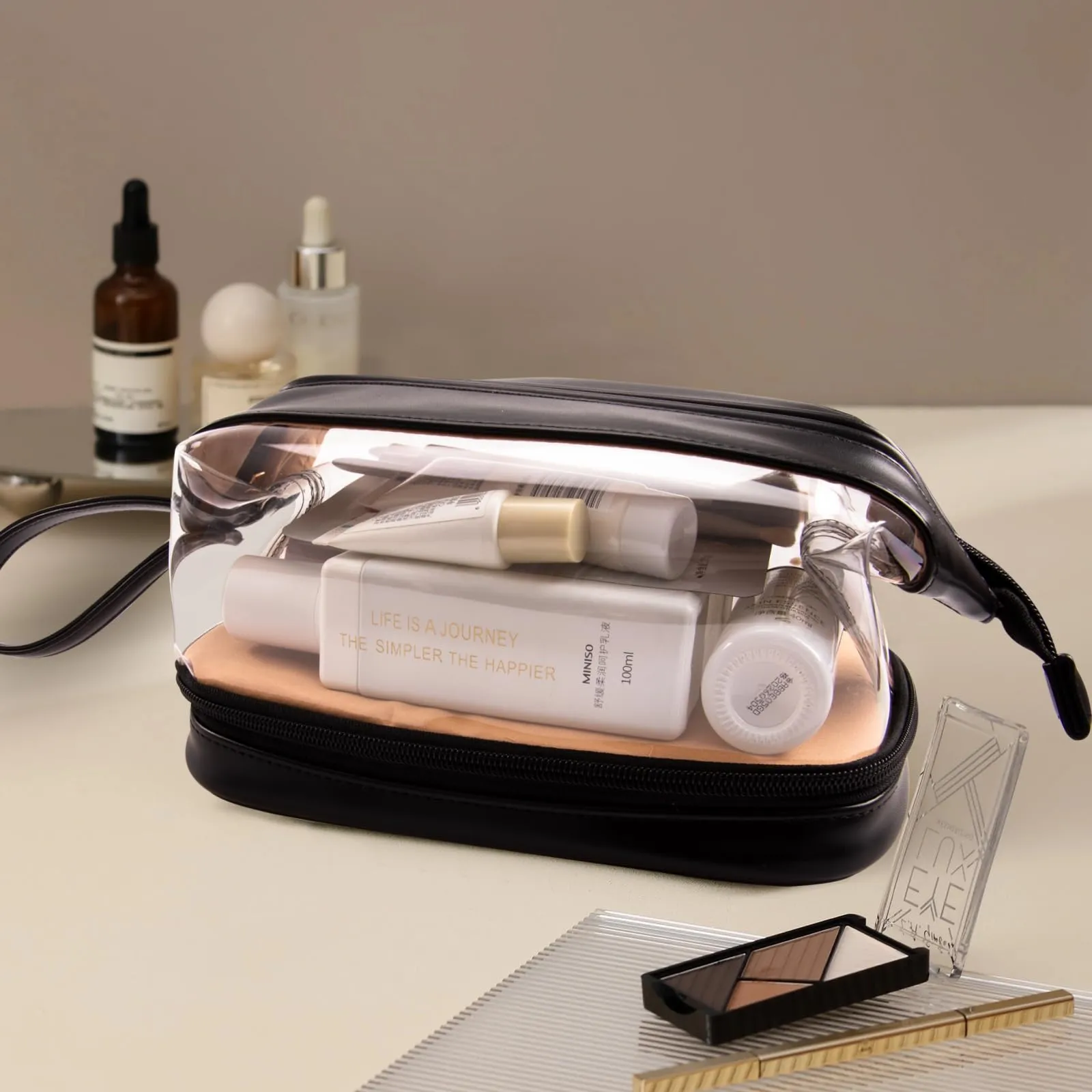 Abiudeng Large Makeup Bag,Clear shower bag,Waterproof Cosmetic Bag,Make up Travel Bag Essentials,Cute Travel Toiletry Bag for Women Makeup Bag Organizer with Bottom Pouch,Travel Size Toiletries Bag