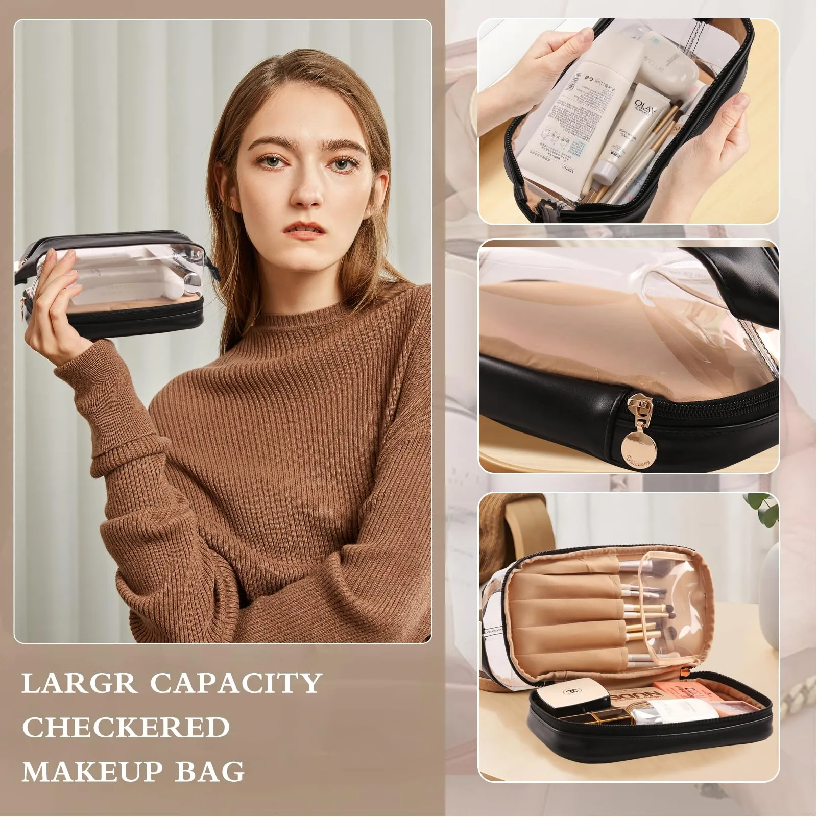 Abiudeng Large Makeup Bag,Clear shower bag,Waterproof Cosmetic Bag,Make up Travel Bag Essentials,Cute Travel Toiletry Bag for Women Makeup Bag Organizer with Bottom Pouch,Travel Size Toiletries Bag