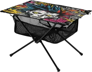 Abstract Cool Boy Camping Table, Portable Folding Small Picnic Table with Hanging Mesh Bag for BBQ, Beach, Hiking, Tailgating
