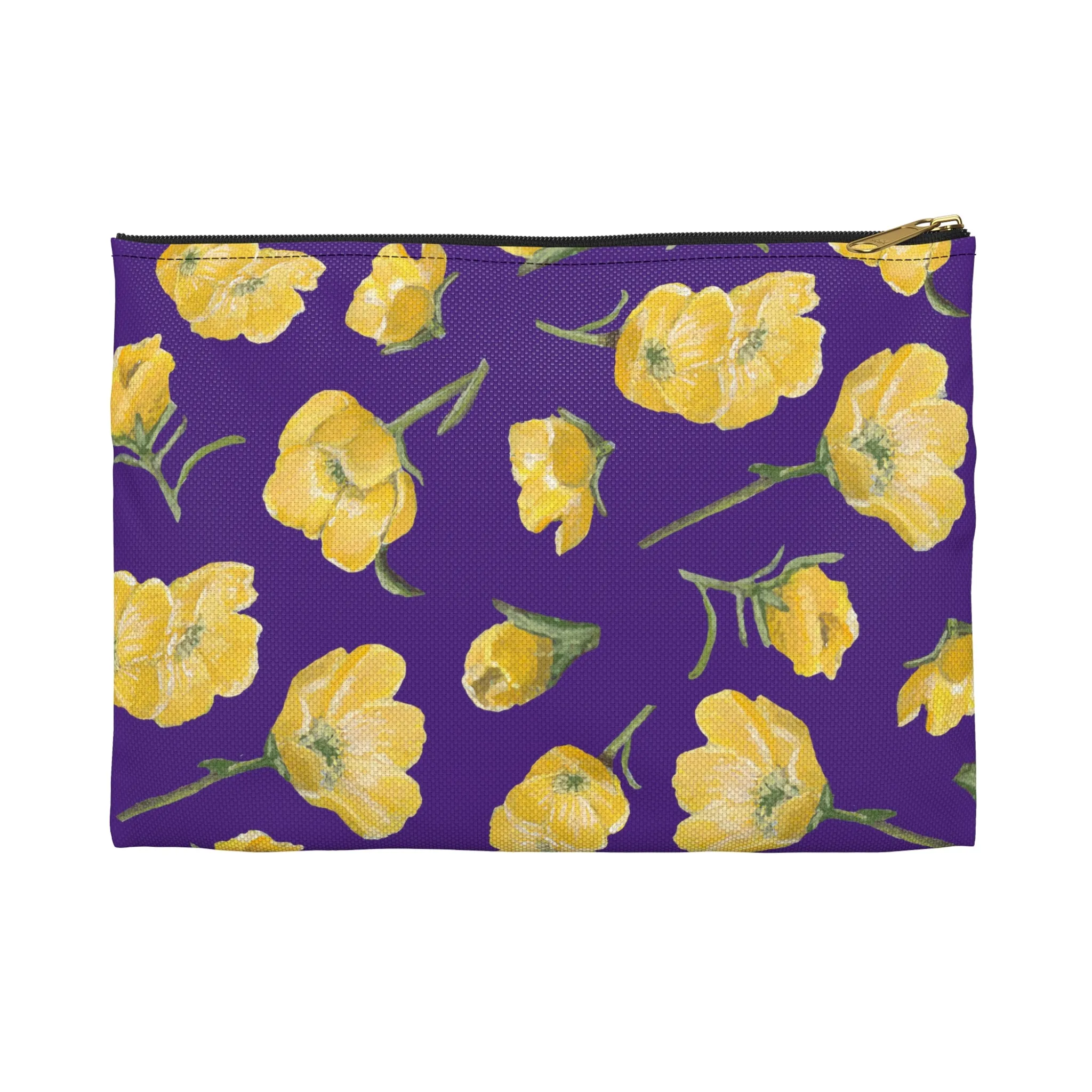 Accessory Pouch, Buttercups, Purple Background, Oklahoma Wildflower, Yellow Floral