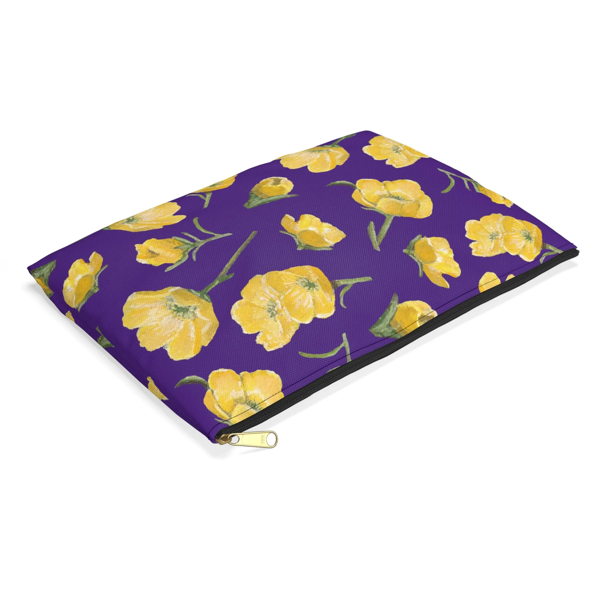 Accessory Pouch, Buttercups, Purple Background, Oklahoma Wildflower, Yellow Floral