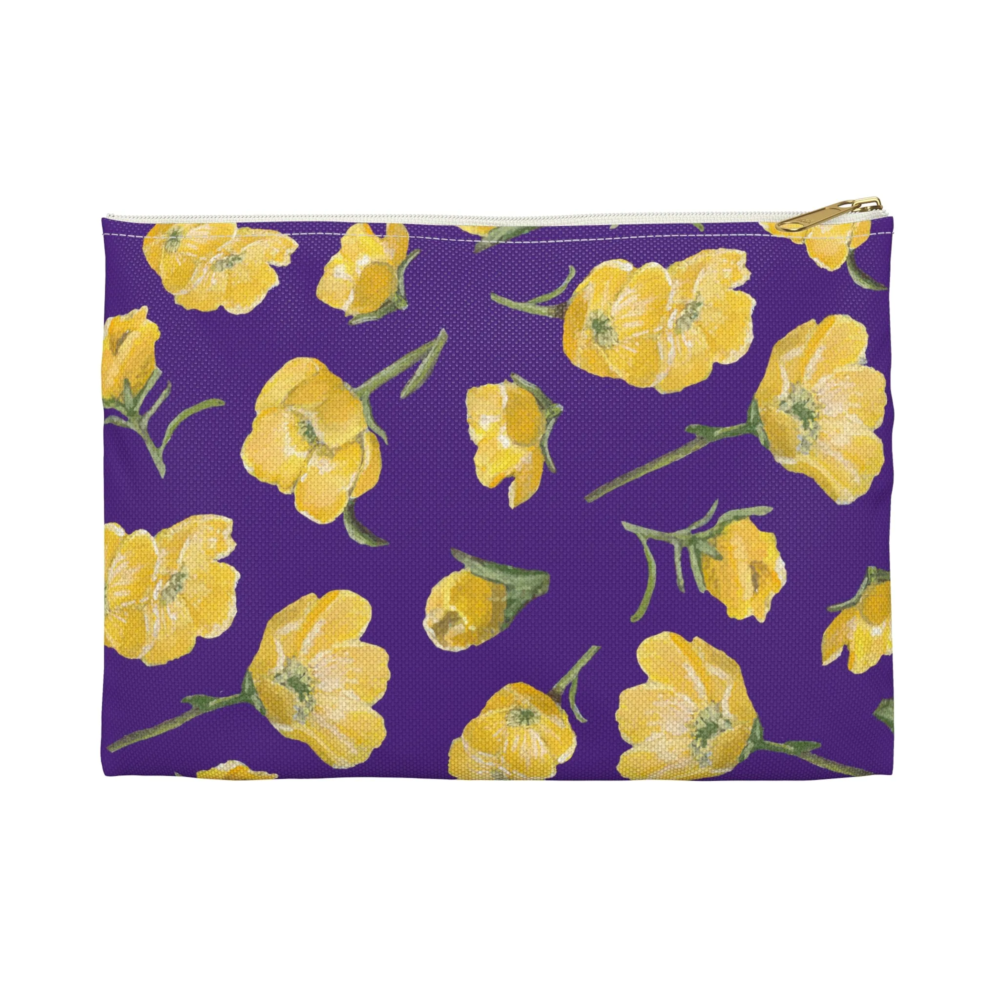 Accessory Pouch, Buttercups, Purple Background, Oklahoma Wildflower, Yellow Floral
