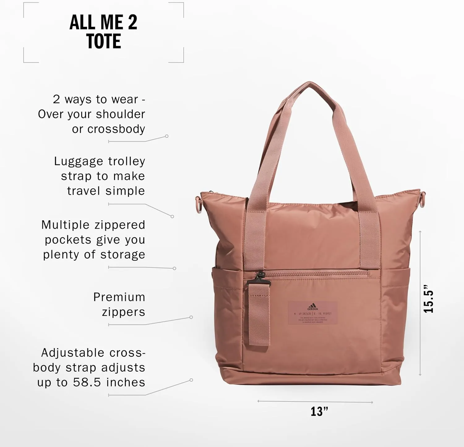 adidas All Me Tote for Women, Large Crossbody Bag with Shoulder Strap, Warm Clay Pink/2.0, OSFA