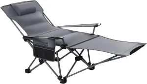 Adjustable Reclining Camping Chair 4-Position, Detachable Footrest Headrest, Lightweight Folding Outdoor Lounge Chair with Cup Holder, Storage(Gray)