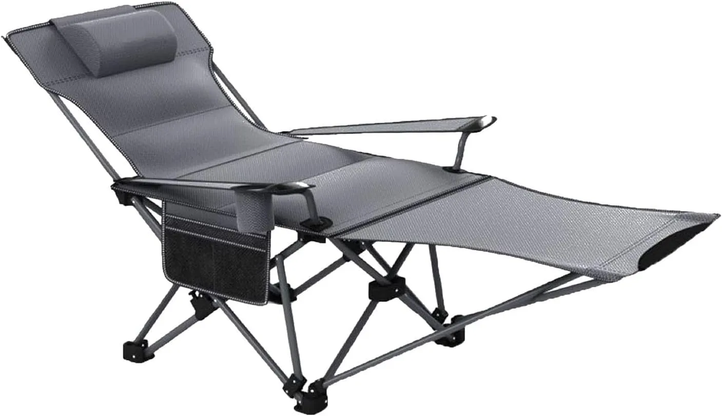 Adjustable Reclining Camping Chair 4-Position, Detachable Footrest Headrest, Lightweight Folding Outdoor Lounge Chair with Cup Holder, Storage(Gray)