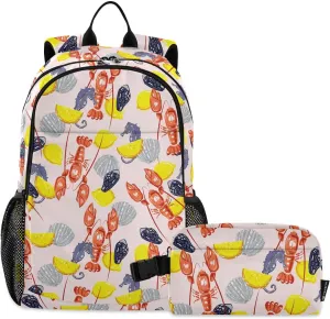 Aflyko Kid Backpack with Lunch Box Lobster Lemon Seahorse Back to School Bookbag for Boys Girls Primary Daycare Daypack Laptop Pack Hiking Camping Travel