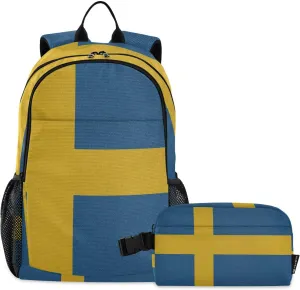 Aflyko Patriot Kid Backpack with Lunch Box Set for Boys Girls Flag Of Sweden Back to School Bookbag Primary Daycare Daypack Laptop Pack Hiking Camping Travel