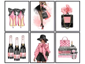 African Americans Wall Decor - Black Wall Art - Glam Art - Designer Perfume, Handbags Shoes - High Fashion Design Set - Pink Glamour Luxury Couture Decor for Women, Girls Bedroom, Teens Room