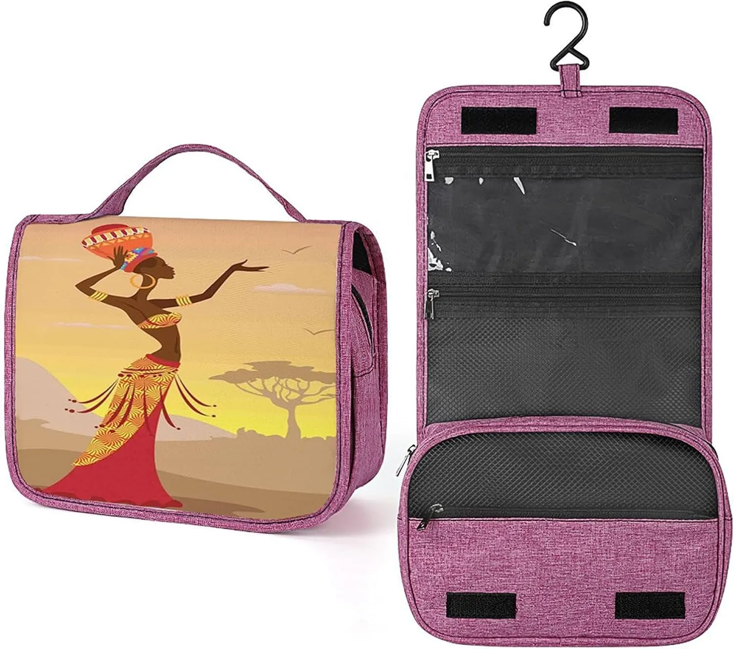 African Theme,Toiletry Bag Travel Bag with Hanging Hook,Woman in Desert Female Print,Water-resistant Makeup Cosmetic Bag Travel Organizer for Accessories,Full-size Container,Brown Yellow